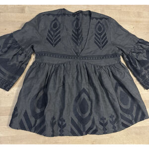 Greek Archaic Kori Embroidered Boho Blouse Top Tunic Shirt Women's Size S Linen